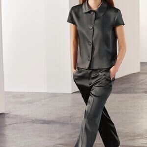 Zara ZW Collection Satin Trousers Anthracite Grey Straight Leg Size Small